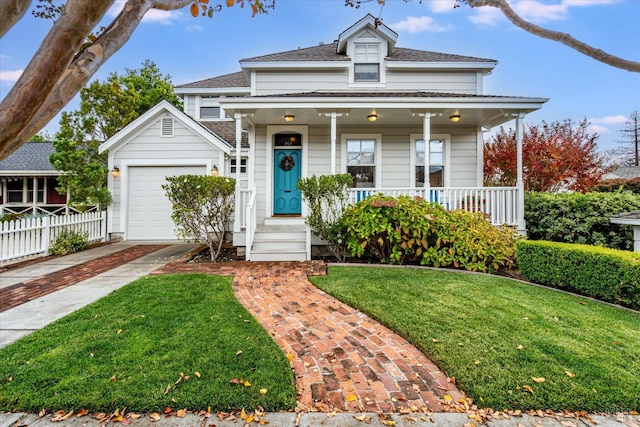 view of front of house featuring covered porch, a garage, and a front yard