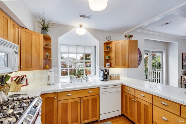 kitchen with backsplash, tile counters, white appliances, and sink