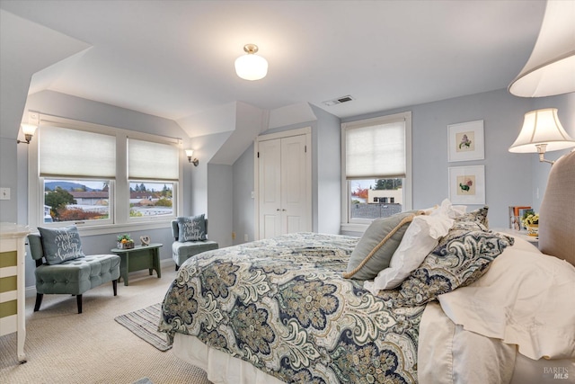 bedroom with a closet, light colored carpet, and multiple windows