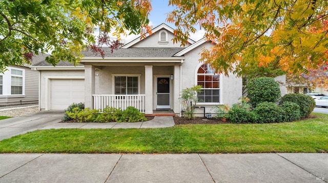 view of front of house featuring driveway, a garage, a shingled roof, covered porch, and stucco siding