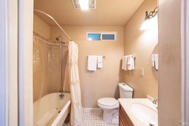 full bathroom featuring tile patterned floors, vanity, toilet, and shower / bathtub combination with curtain