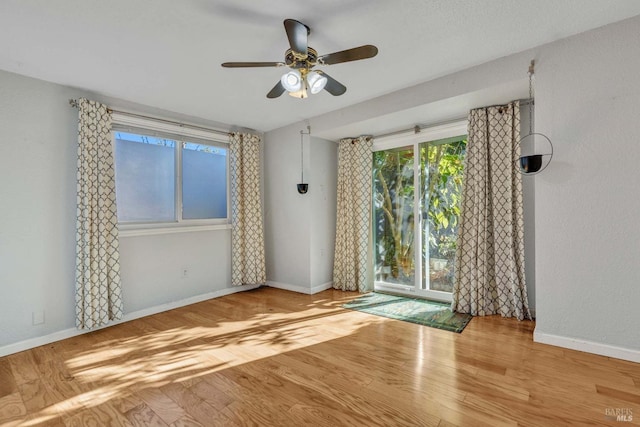 unfurnished room with ceiling fan and light hardwood / wood-style floors