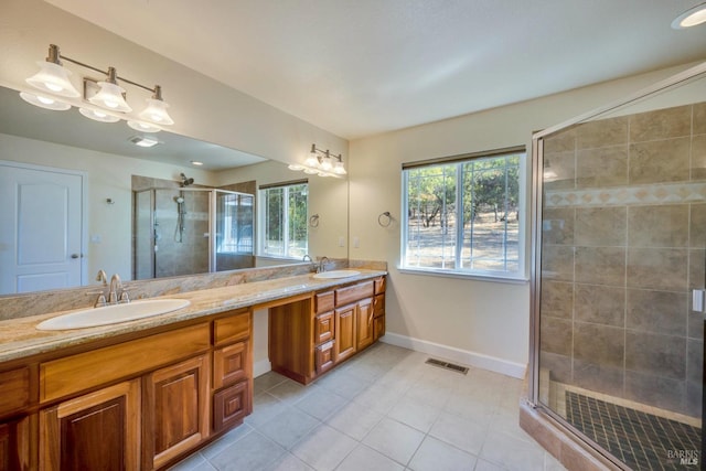 19316 N Shore Ct, Hidden Valley Lake, CA 95467 - bathroom featuring a sink, a stall shower, double vanity, tile patterned flooring, and visible vents