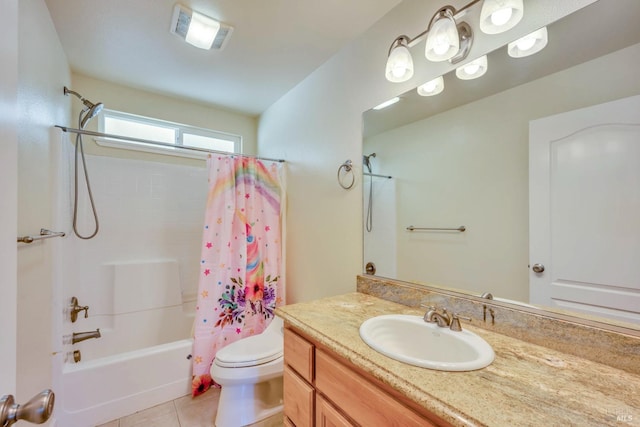 19316 N Shore Ct, Hidden Valley Lake, CA 95467 - full bathroom with shower / bath combo with shower curtain, toilet, vanity, and tile patterned floors