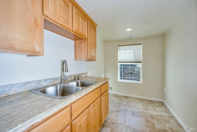 19316 N Shore Ct, Hidden Valley Lake, CA 95467 - kitchen featuring a sink, light countertops, stone finish flooring, baseboards, and visible vents