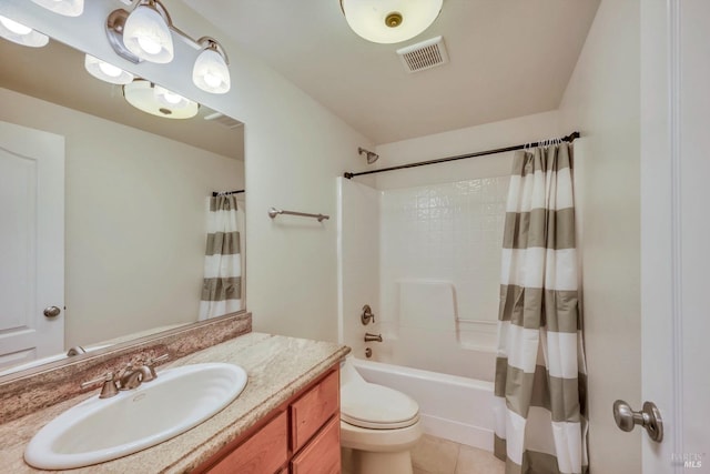 19316 N Shore Ct, Hidden Valley Lake, CA 95467 - full bathroom with tile patterned floors, vanity, visible vents, toilet, and shower / bath combo with shower curtain
