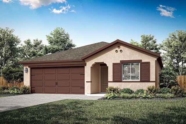 ranch-style home featuring fence, driveway, an attached garage, stucco siding, and a front lawn