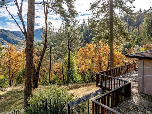 wooden deck with a mountain view