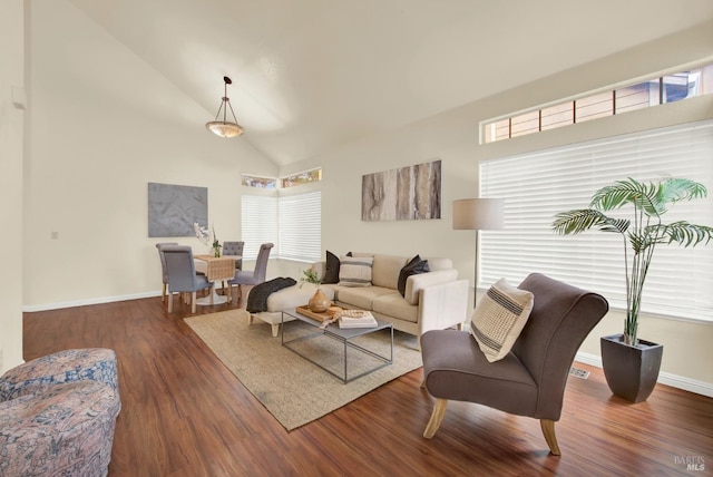 living room featuring dark hardwood / wood-style flooring and high vaulted ceiling