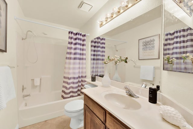 full bathroom with tile patterned flooring, vanity, toilet, and shower / bathtub combination with curtain