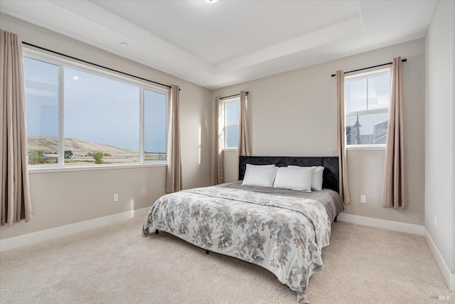 bedroom featuring a raised ceiling, a mountain view, and light carpet