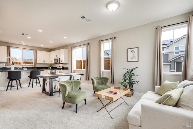 living room with light carpet and sink