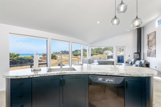 kitchen with black dishwasher, vaulted ceiling, a healthy amount of sunlight, and sink