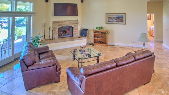 living room featuring a fireplace