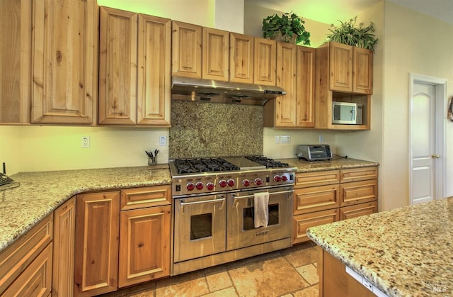 kitchen featuring light stone counters, stainless steel appliances, and backsplash