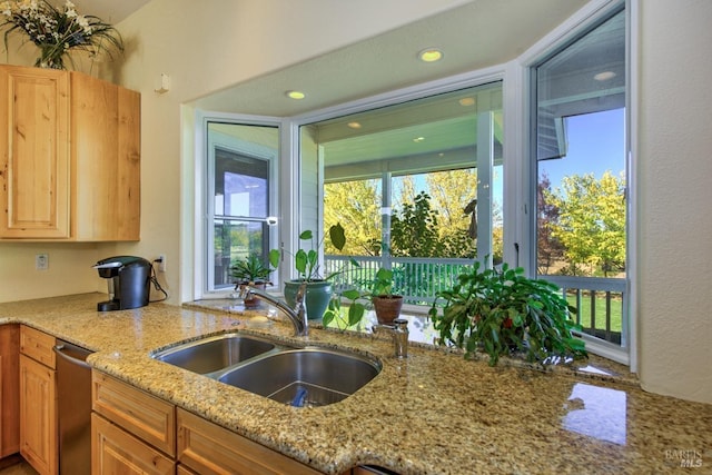 kitchen with light stone countertops, sink, and stainless steel dishwasher