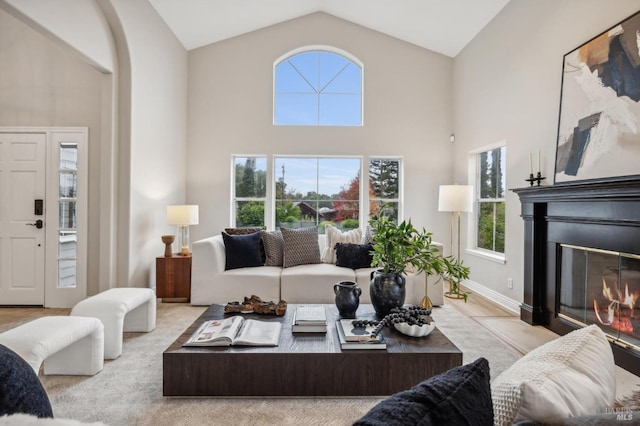 living room with light hardwood / wood-style floors and high vaulted ceiling