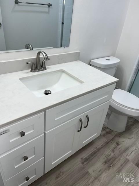 bathroom featuring wood finished floors, toilet, and vanity