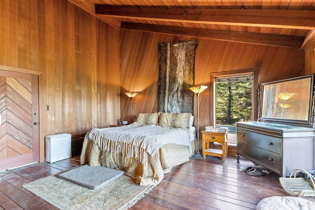 bedroom with lofted ceiling with beams, wood walls, and wooden ceiling