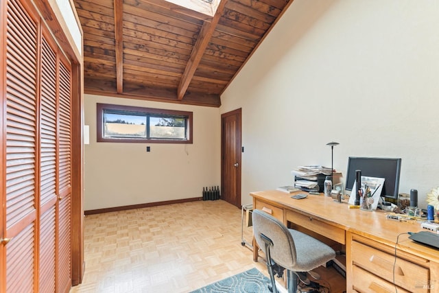 home office featuring vaulted ceiling with beams, light parquet flooring, and wooden ceiling