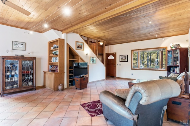 living room featuring light tile patterned floors, lofted ceiling, ceiling fan, and wooden ceiling