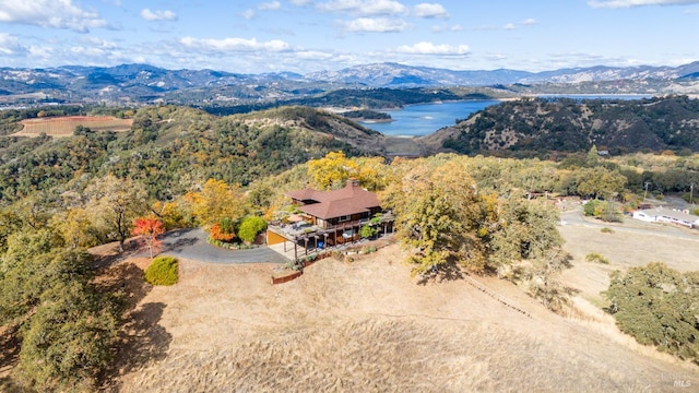 birds eye view of property featuring a water and mountain view