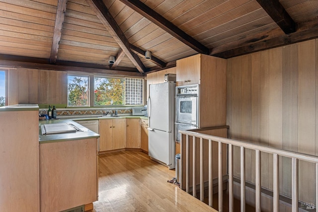 kitchen featuring white appliances, wooden ceiling, lofted ceiling with beams, wooden walls, and light hardwood / wood-style flooring