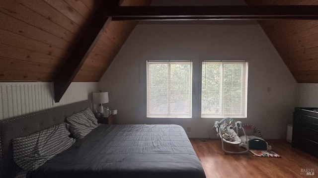 bedroom with wood-type flooring, vaulted ceiling with beams, and wooden ceiling