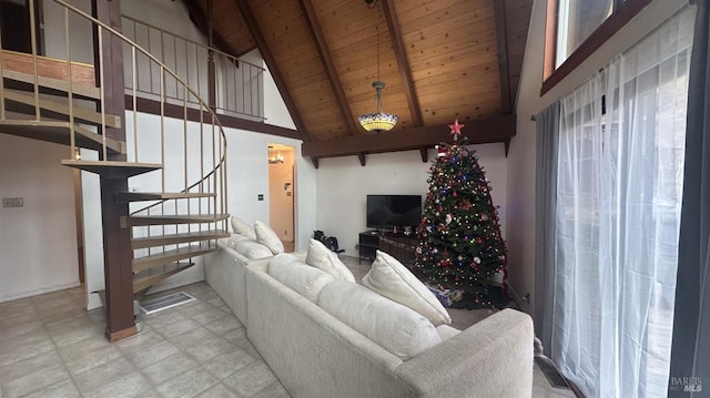 living room featuring beamed ceiling, high vaulted ceiling, and wooden ceiling