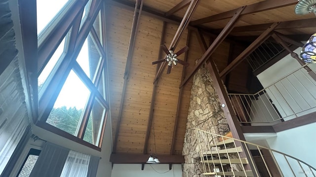 room details featuring beam ceiling and wood ceiling