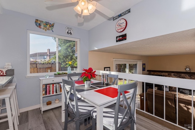 dining area with ceiling fan, a healthy amount of sunlight, a textured ceiling, and wood-type flooring