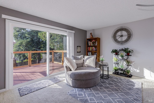 sitting room featuring dark colored carpet and a textured ceiling