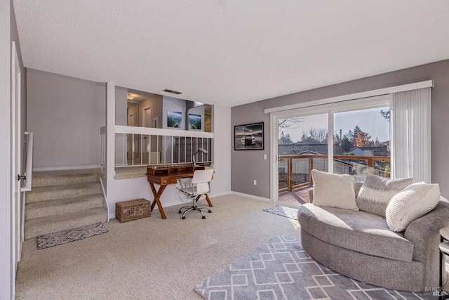 office area featuring carpet floors and a textured ceiling