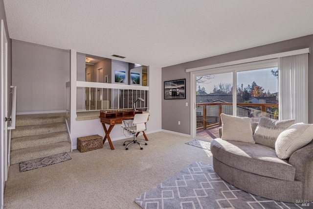 carpeted living room with a textured ceiling