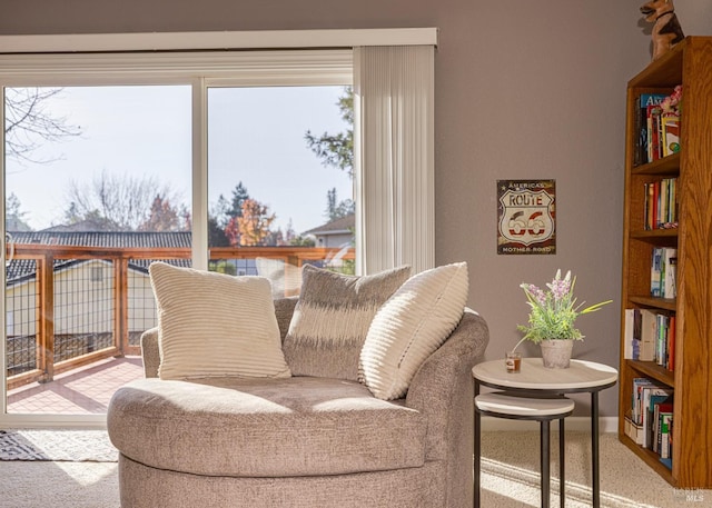 sitting room with light colored carpet