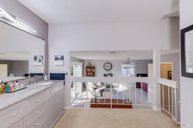 bathroom featuring vanity, a healthy amount of sunlight, and a textured ceiling