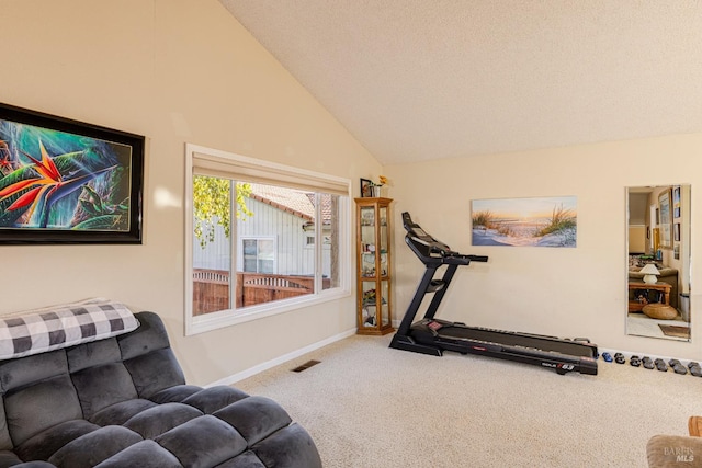 exercise room with carpet flooring, high vaulted ceiling, and a textured ceiling