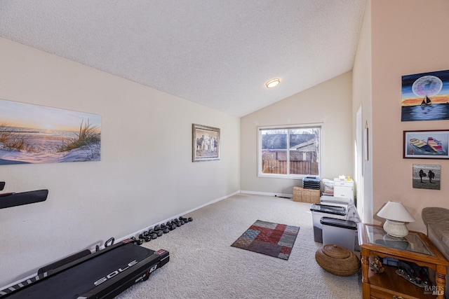 exercise area with carpet flooring, a textured ceiling, and vaulted ceiling