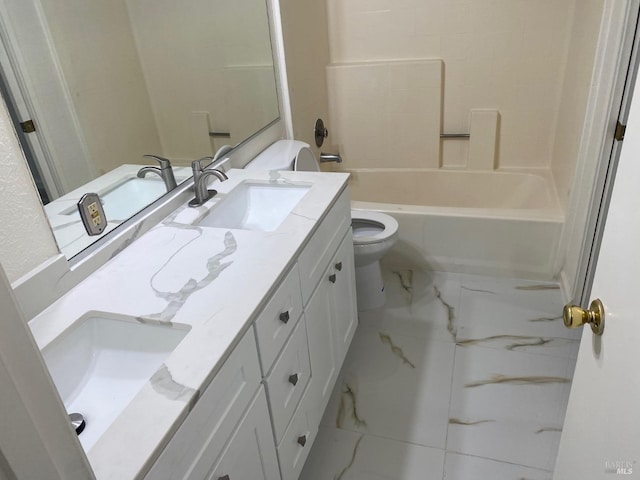 full bathroom featuring shower / washtub combination, vanity, and toilet