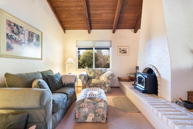 carpeted living room featuring wood ceiling, vaulted ceiling with beams, and a wood stove