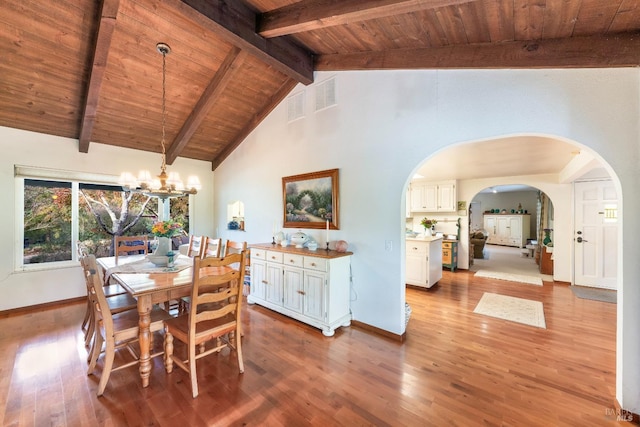 dining room with beamed ceiling, a notable chandelier, wood ceiling, arched walkways, and wood finished floors