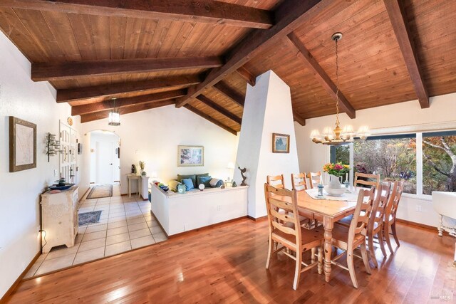 dining area with an inviting chandelier, vaulted ceiling with beams, light hardwood / wood-style flooring, and wooden ceiling