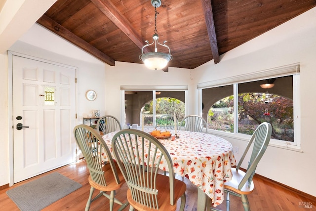 dining space with lofted ceiling with beams, wooden ceiling, and light hardwood / wood-style floors