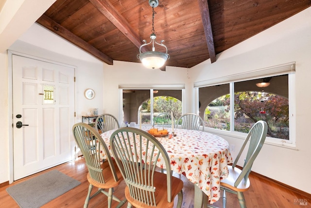 dining space with wooden ceiling, vaulted ceiling with beams, wood finished floors, and baseboards