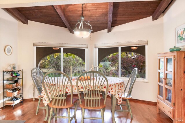 dining space with wood-type flooring, plenty of natural light, and wood ceiling