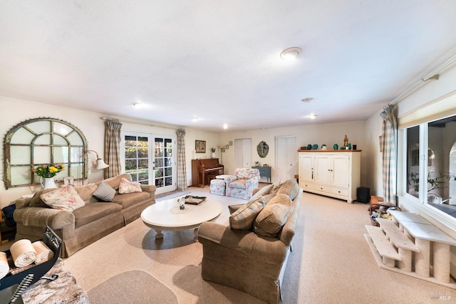 living area with light colored carpet