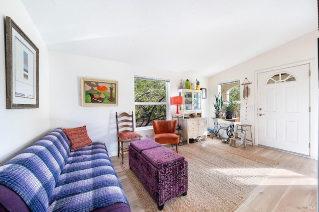 living room featuring a wealth of natural light, vaulted ceiling, and light wood-type flooring