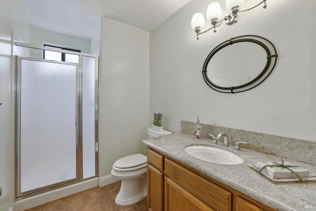 bathroom with tile patterned floors, vanity, toilet, and an enclosed shower