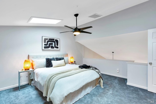 bedroom with vaulted ceiling, carpet, visible vents, and baseboards