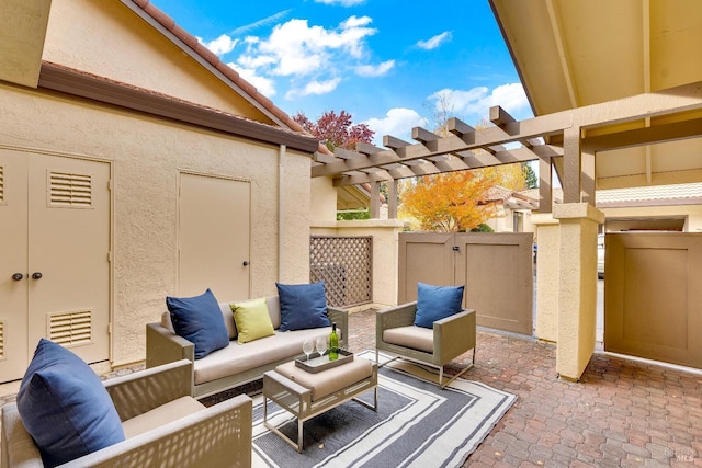 view of patio with a pergola, outdoor lounge area, and fence